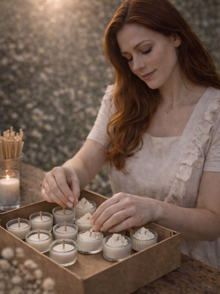 Vela aromática Luz e Néctar Nº 8 acesa, ambiente acolhedor