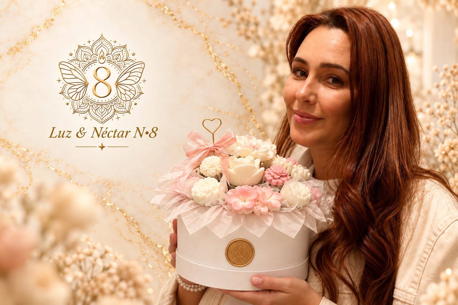 Luz e Néctar Nº 8 | Velas Aromáticas Artesanais Logotipo da Luz e Néctar Nº 8 e a Angela, a sorrir, a segurar uma caixa com flores de cera feitas à mão